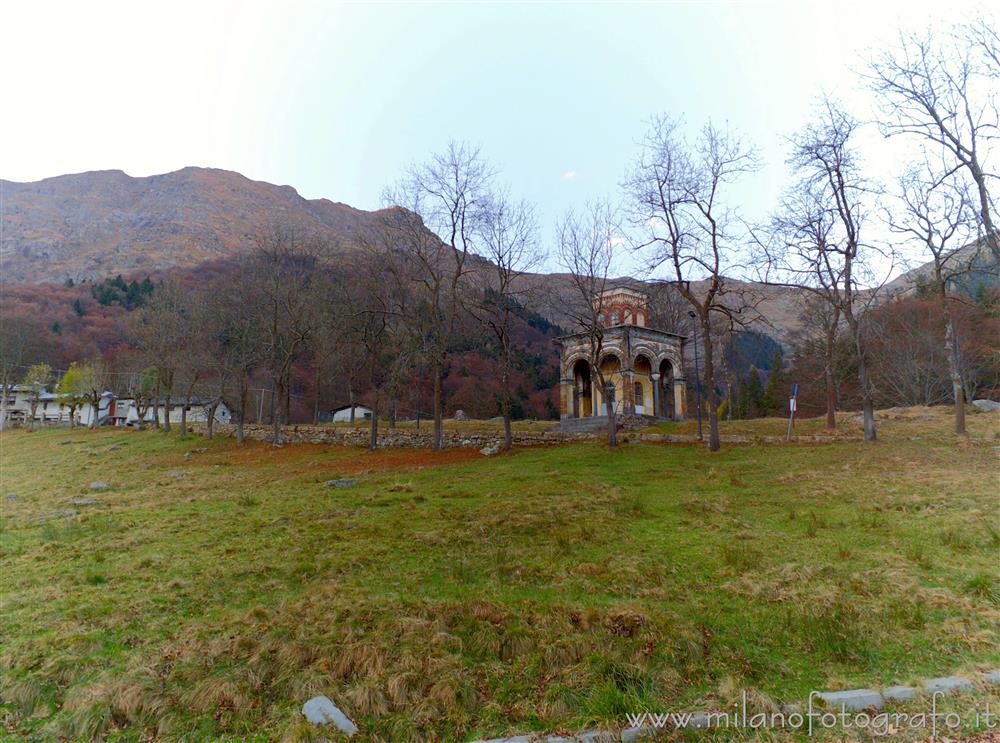 Biella (Italy) - Kiosk of Sant'Eusebio behind the Sanctuary of Oropa at sunset behind the Sanctuary of Oropa